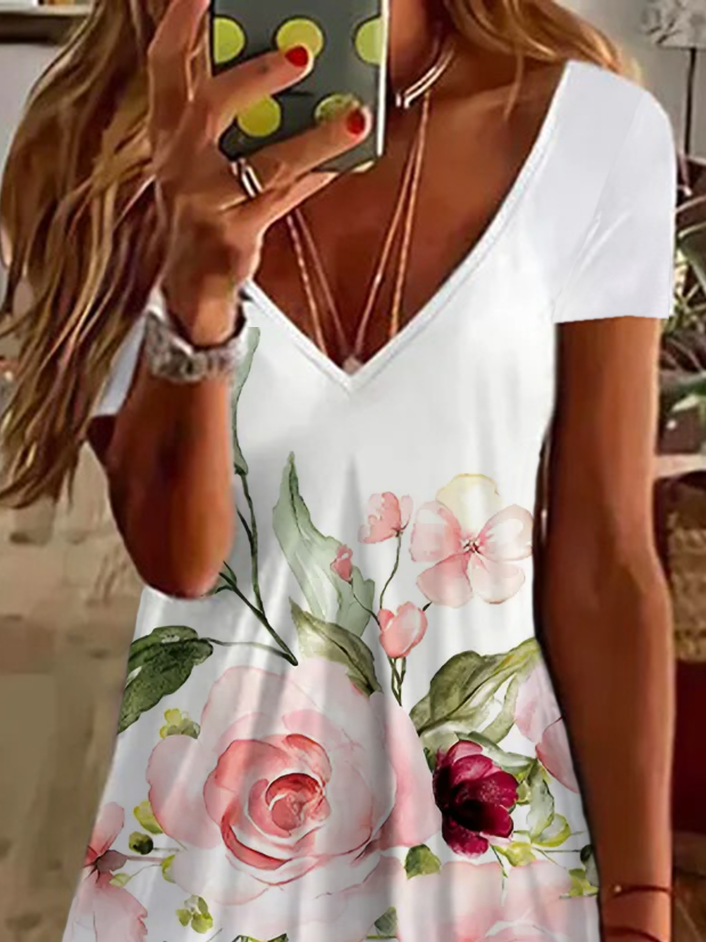 Women's Floral Spring Print Casual V Neck Short Sleeve Dress