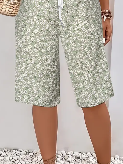 Women's Spring and Summer Floral Print Casual Straight Tie Cropped Pants