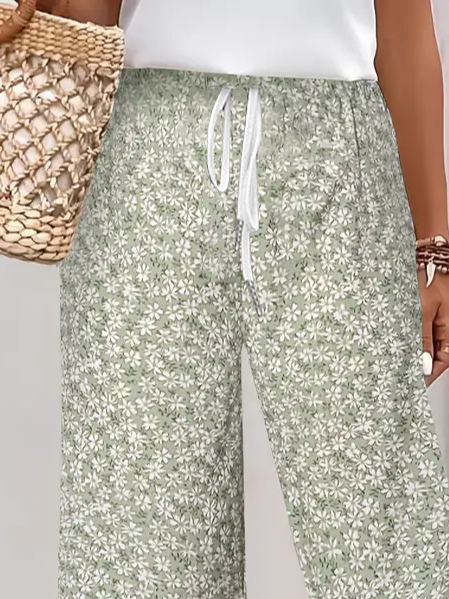 Women's Spring and Summer Floral Print Casual Straight Tie Cropped Pants