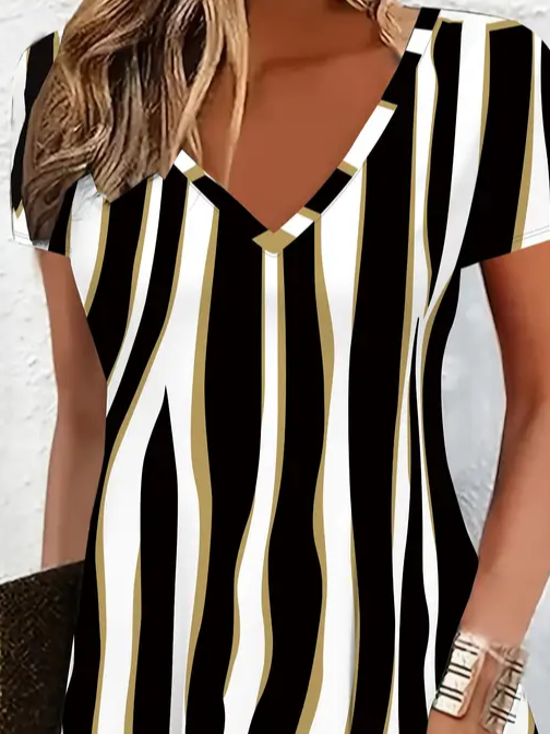 Women's Striped Spring Print Casual V-Neck Short Sleeve Dress