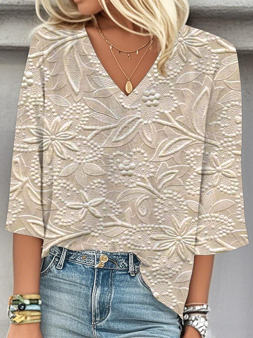 Casual 3D Printing V Neck Loose Blouse