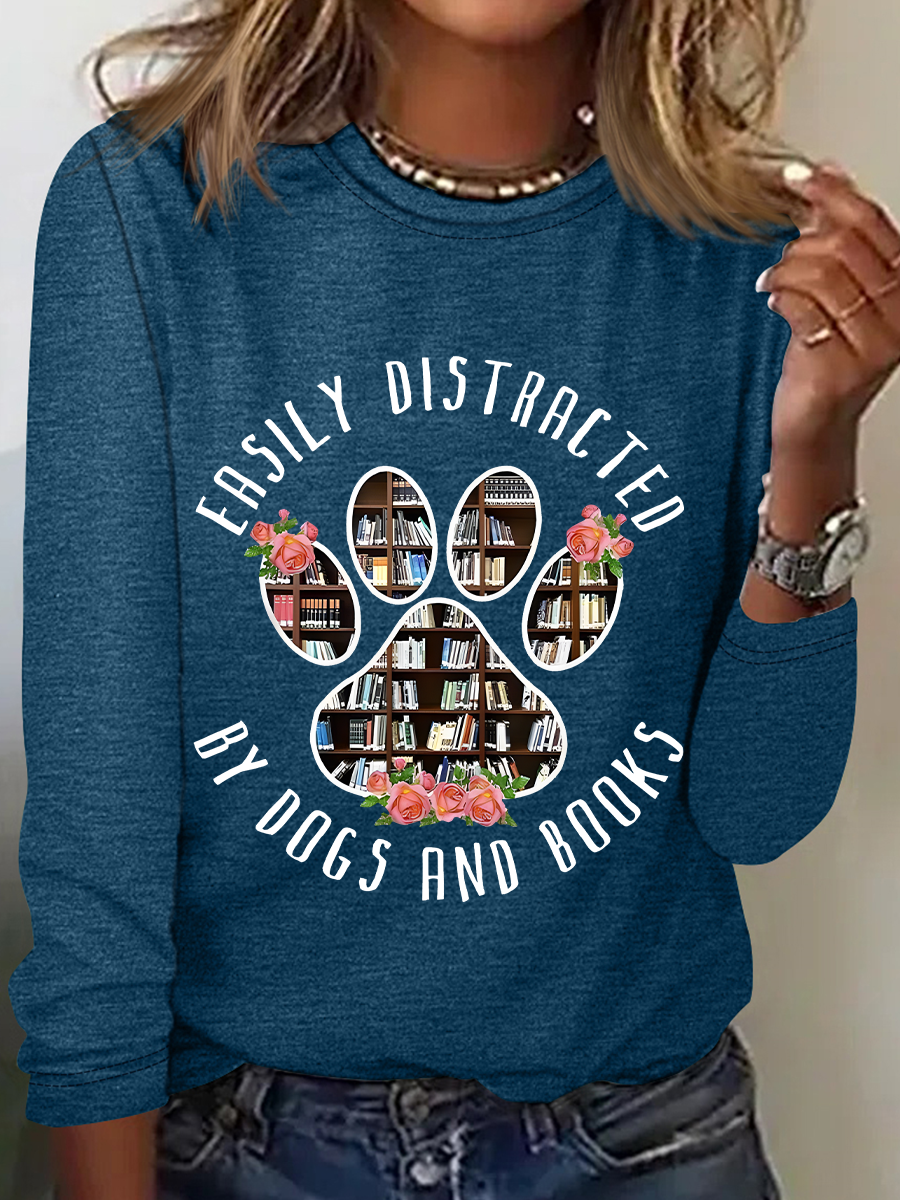 Easily Distracted Dogs And Books Casual Long Sleeve Shirt