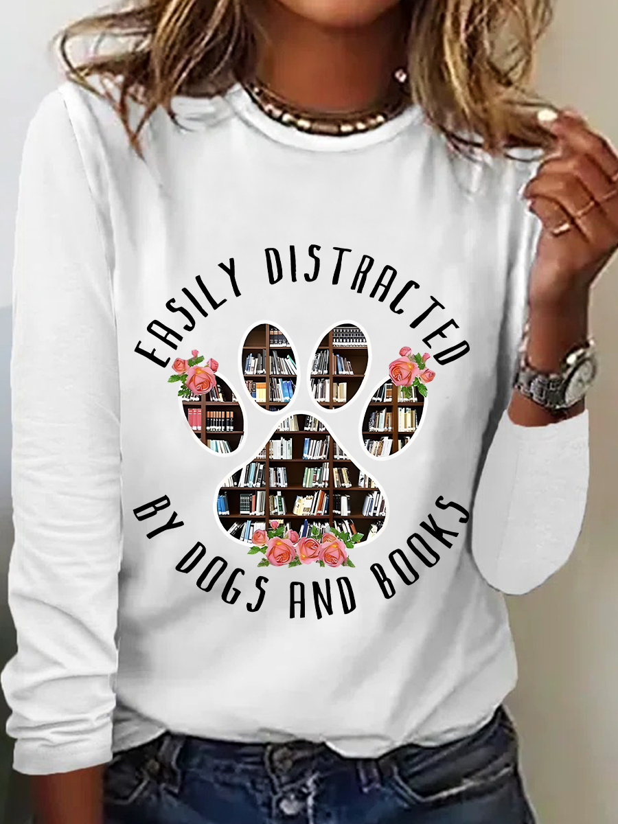 Easily Distracted Dogs And Books Casual Long Sleeve Shirt