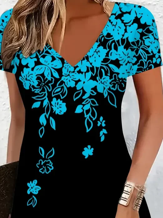 Women's Floral Spring Print Casual V Neck Short Sleeve Dress