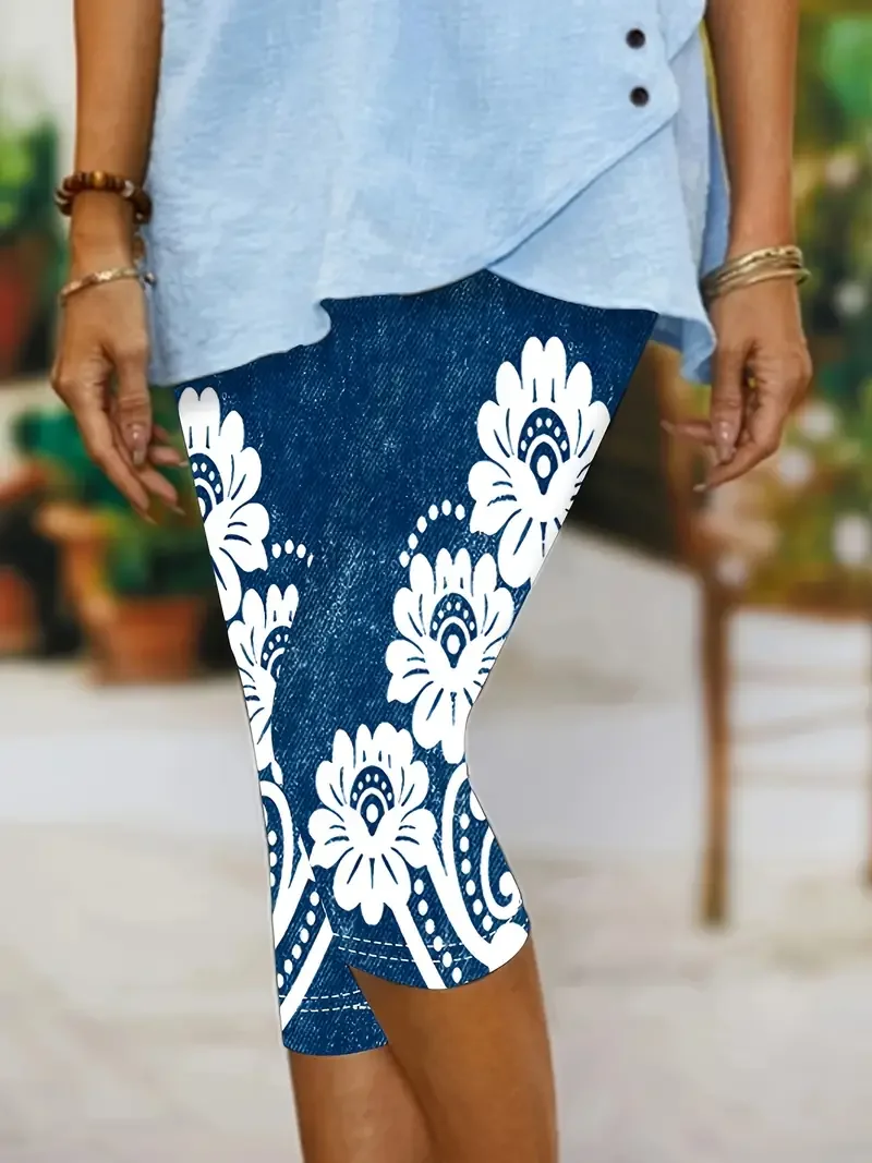 Women's Faux Denim Floral Print Spring Casual Leggings