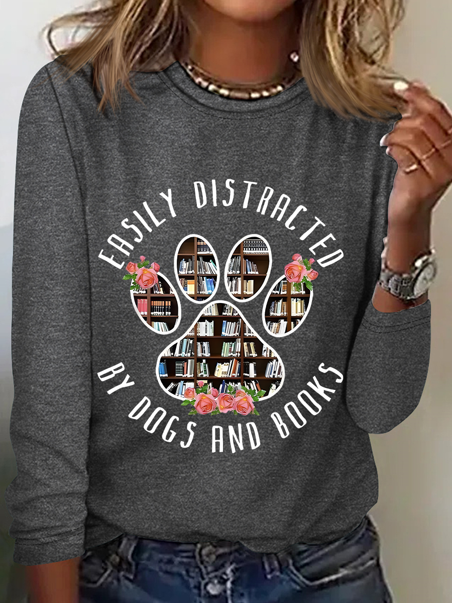 Easily Distracted Dogs And Books Casual Long Sleeve Shirt