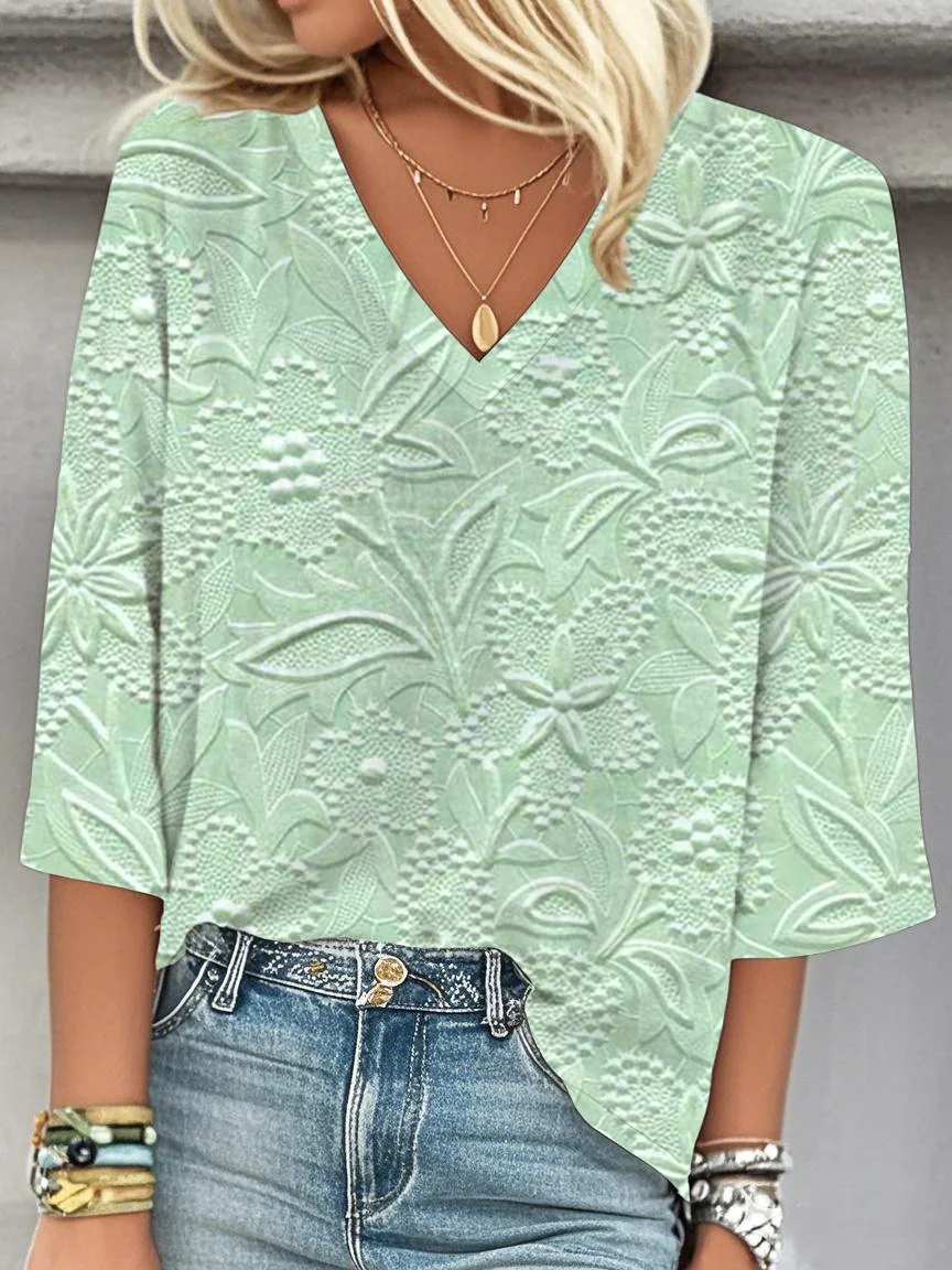 Casual 3D Printing V Neck Loose Blouse
