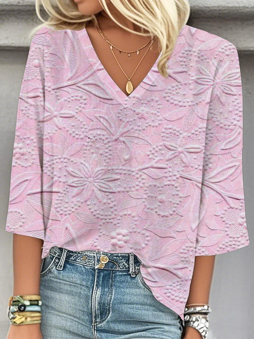 Casual 3D Printing V Neck Loose Blouse