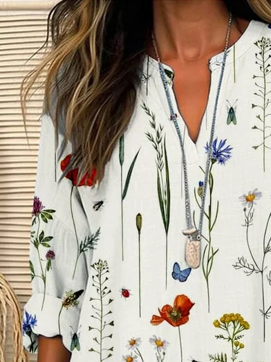 Women's Spring Summer Floral Print Casual Long Sleeve V-Neck Shirt