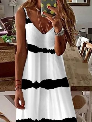 Women's Spring and Summer Striped Printed Casual V-Neck Suspender Dress