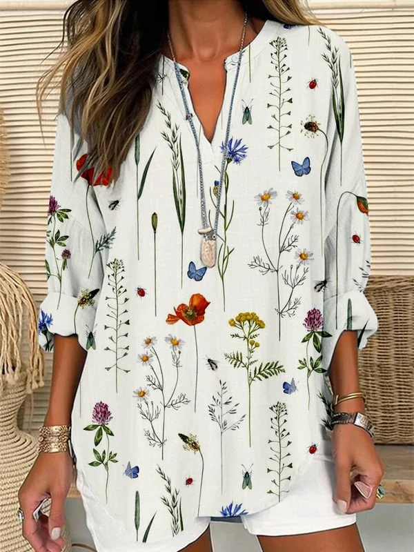 Women's Spring Summer Floral Print Casual Long Sleeve V-Neck Shirt