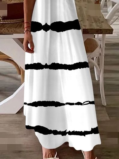 Women's Spring and Summer Striped Printed Casual V-Neck Suspender Dress