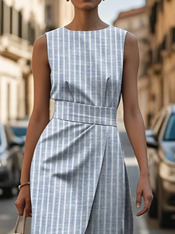 Women's Sleeveless Summer Blue Striped Printing Crew Neck Daily Going Out Vintage Maxi H-Line Shift Dress Dress