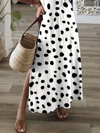 Women's Spring and Summer Polka Dot Printed Casual V-Neck Short Sleeve Dress