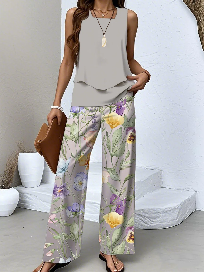 Casual Floral Crew Neck Two-Piece Set With No