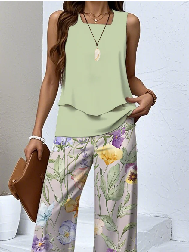 Casual Floral Crew Neck Two-Piece Set With No