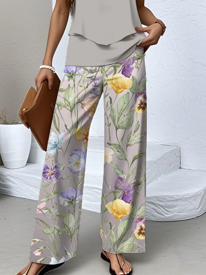 Casual Floral Crew Neck Two-Piece Set With No