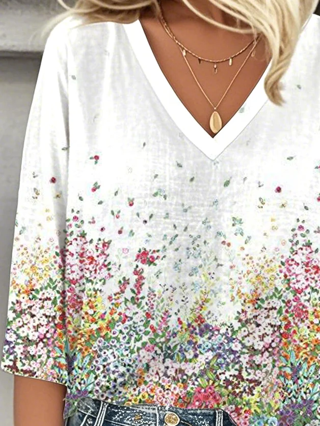 Loose V Neck Gradient Pattern Casual Blouse