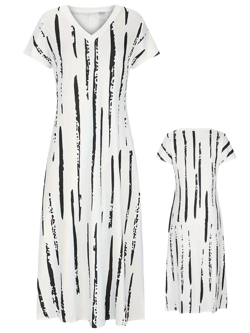 Women's Striped Spring Short Sleeve V-Neck Slit Dress