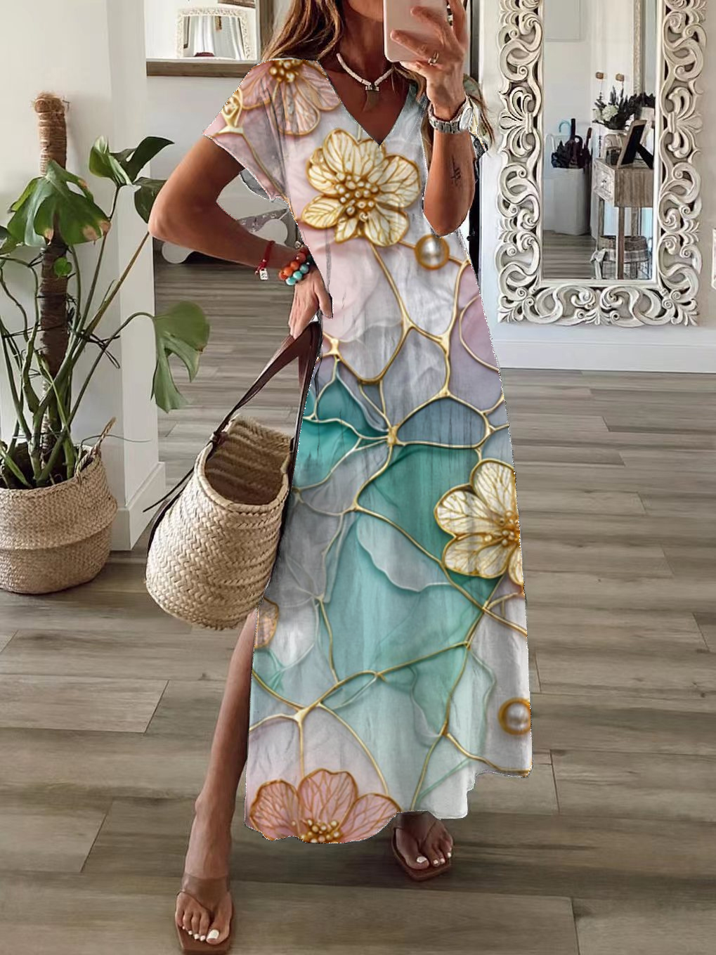 Women's Floral Print Casual V-Neck Short Sleeve Dress