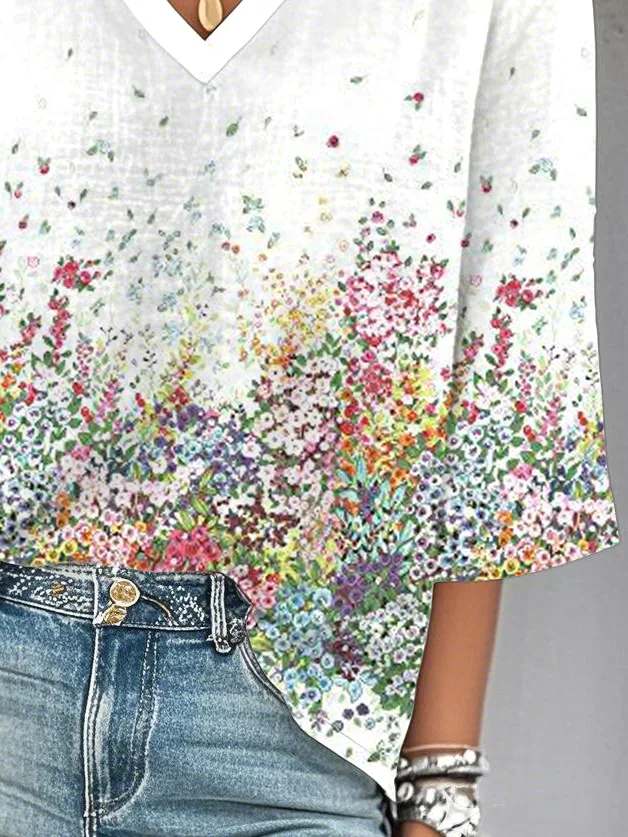 Loose V Neck Gradient Pattern Casual Blouse