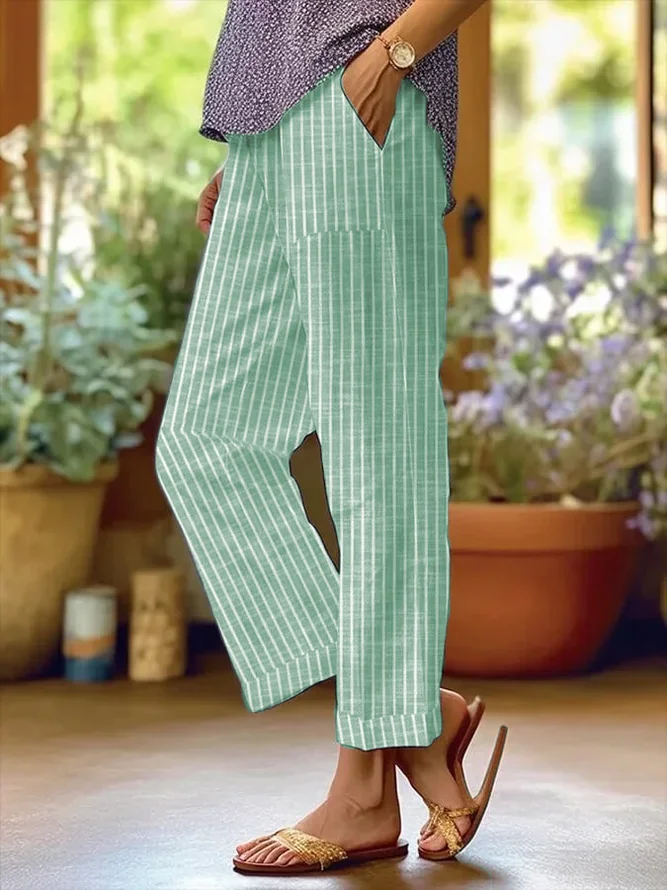 Women's Straight Pants Going Out Pants Blue Casual Printing Striped Spring/Fall Pants
