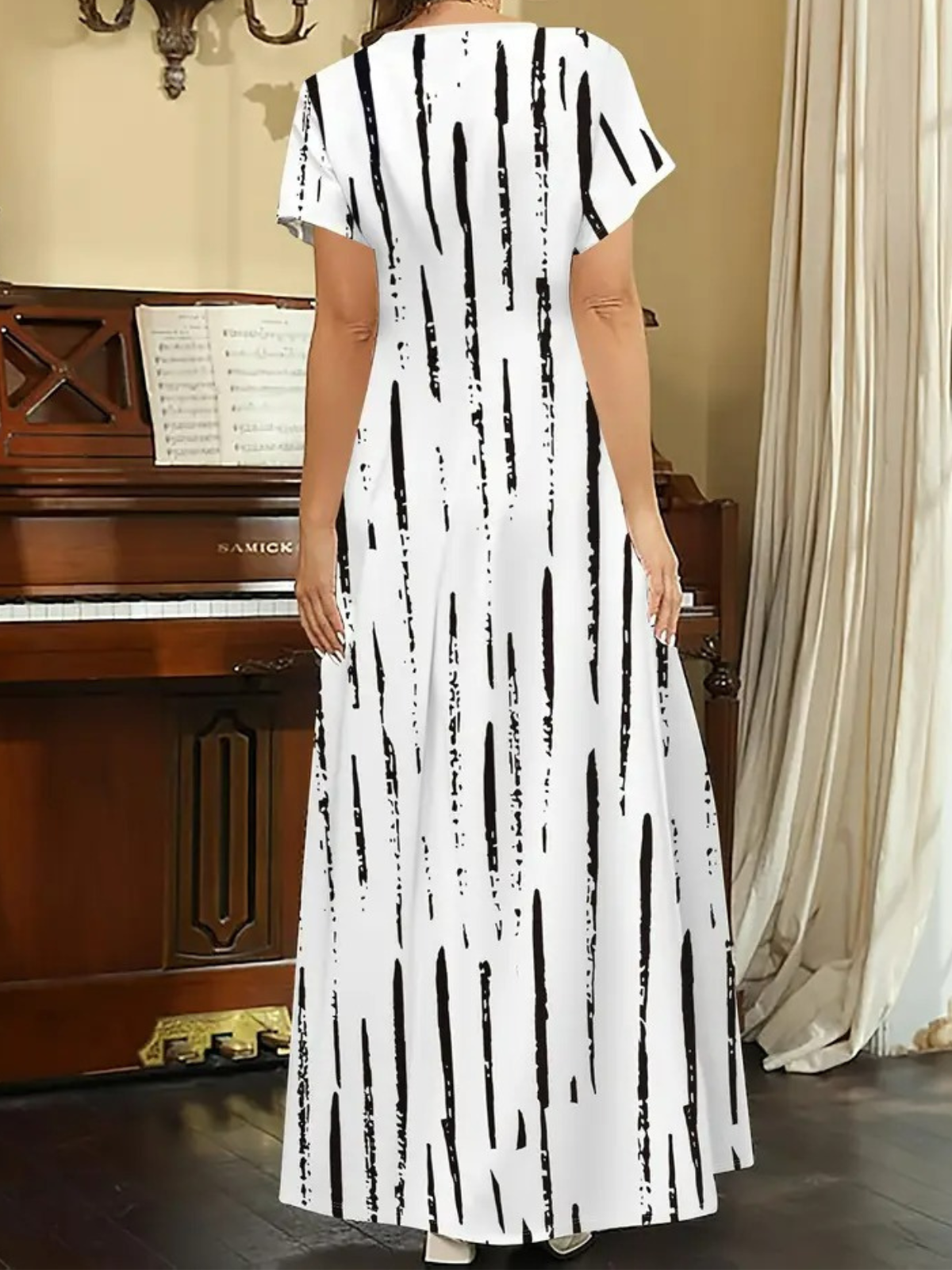 Women's Striped Spring Short Sleeve V-Neck Slit Dress