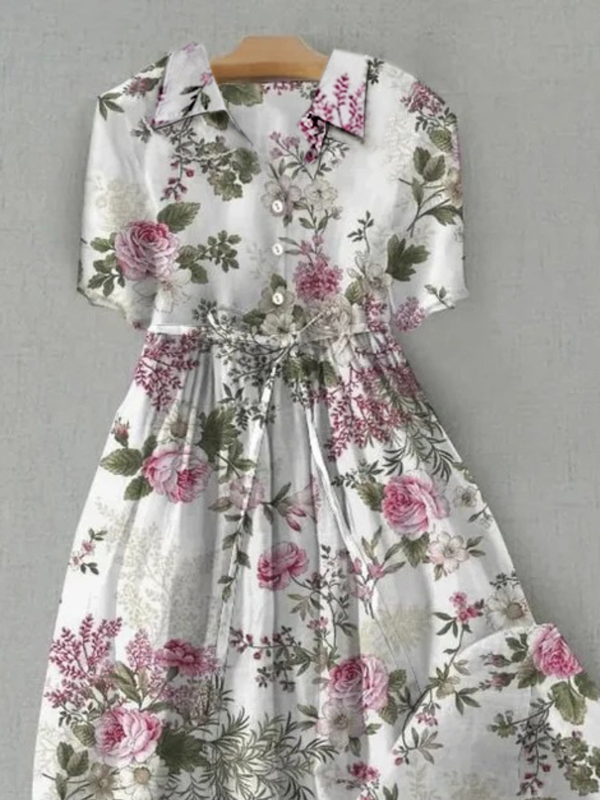 Women Floral Print Doll Neck Lace Up Dress