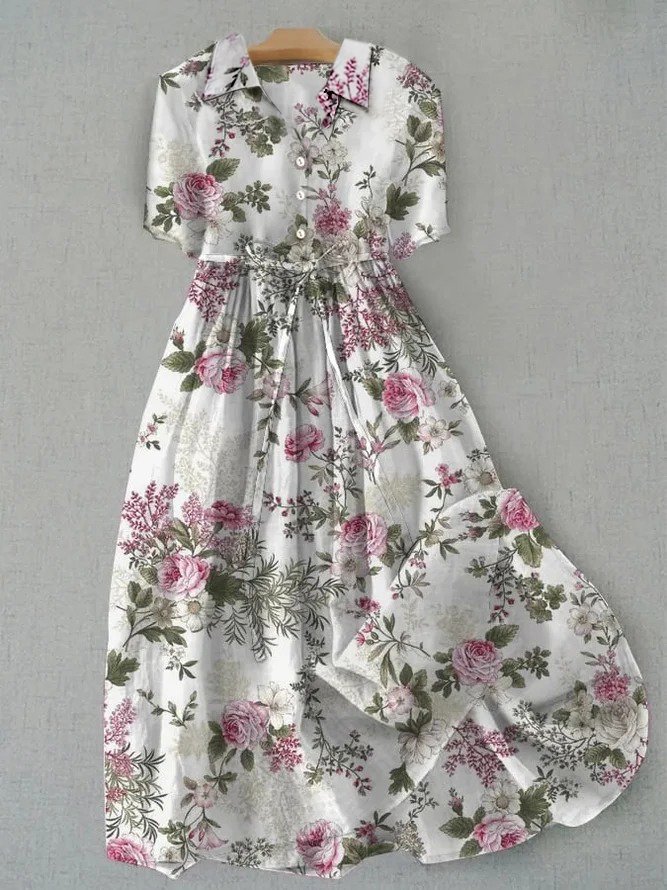 Women Floral Print Doll Neck Lace Up Dress