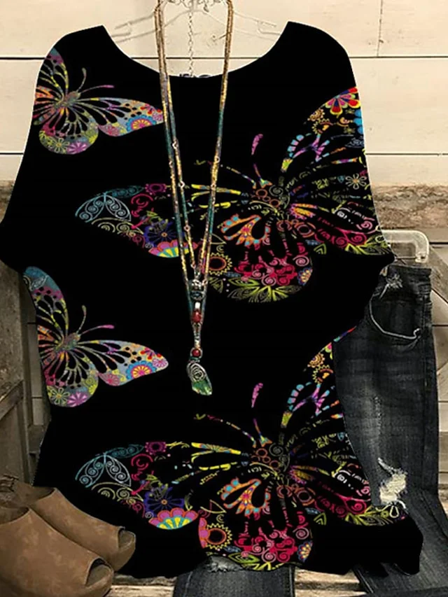Simple Crew Neck Dolman Sleeve Linen Butterfly T-Shirt