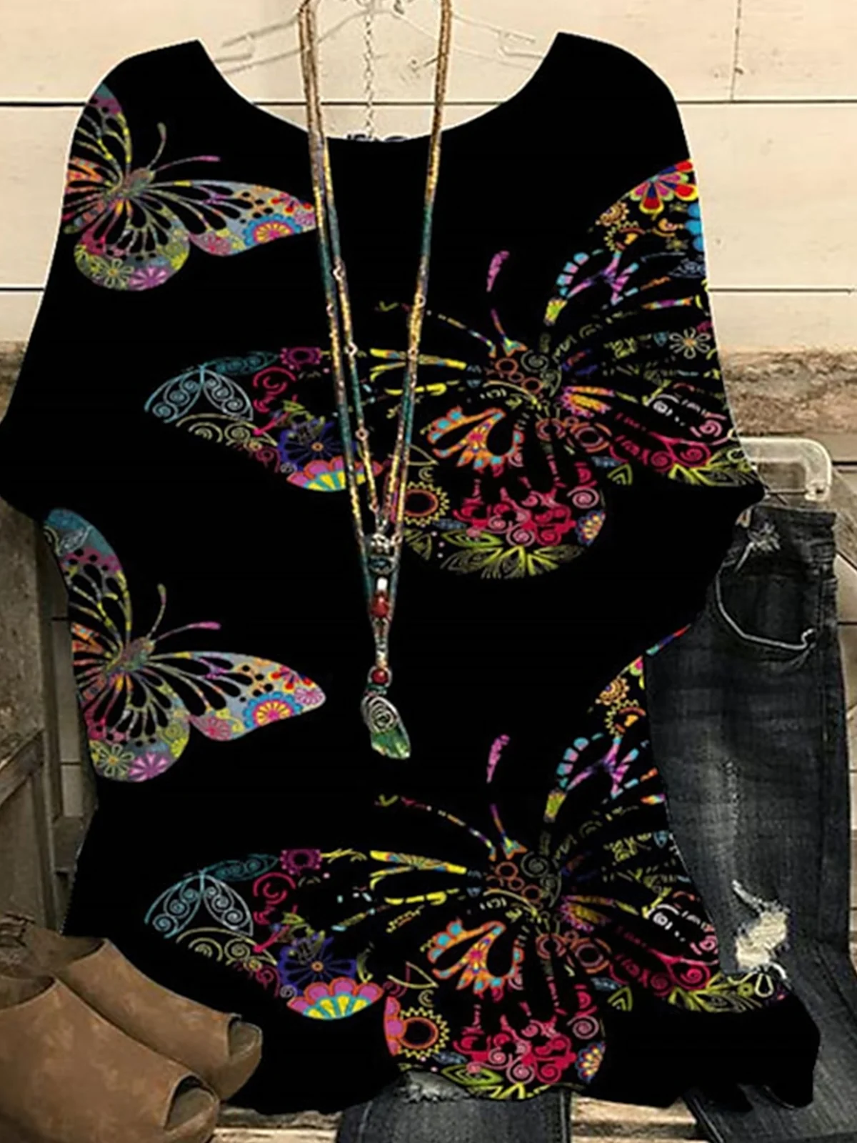 Simple Crew Neck Dolman Sleeve Linen Butterfly T-Shirt