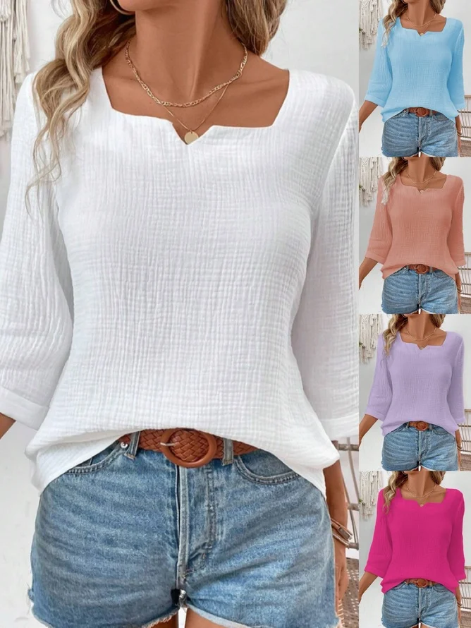 Women's 3/4 Sleeve Summer Blouse Plain Cotton Square Neck Notched Daily Going Out Simple Top Spring/Fall White