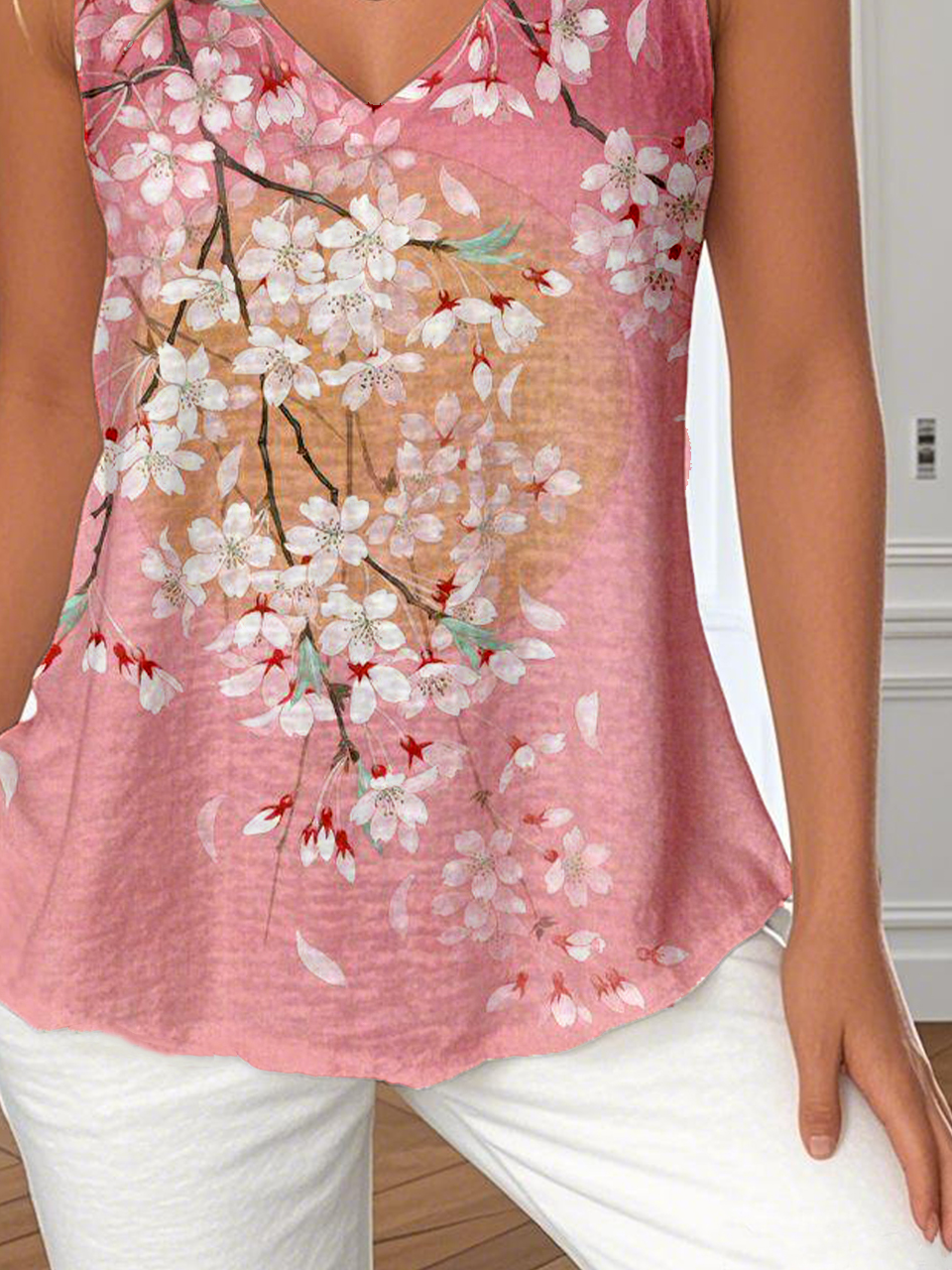 V Neck Casual Floral Loose T-Shirt