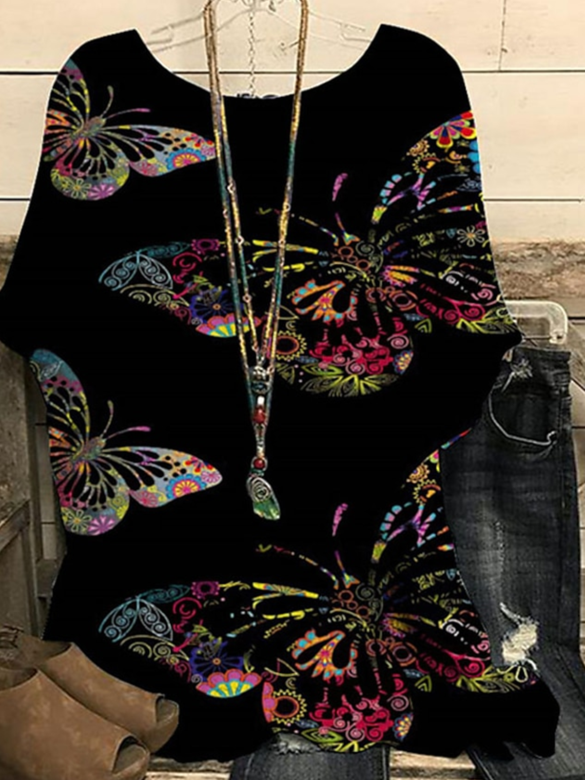 Simple Crew Neck Dolman Sleeve Linen Butterfly T-Shirt