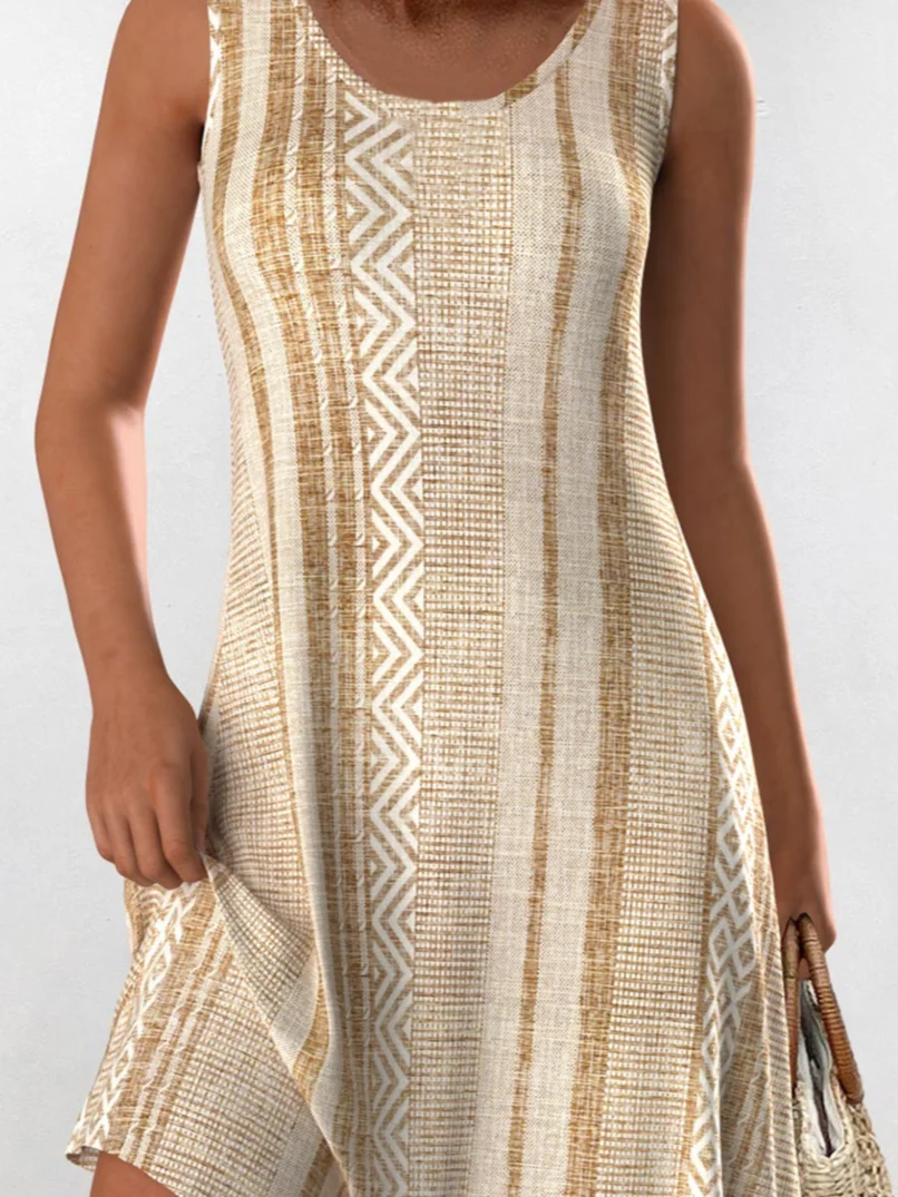Regular Fit Casual Striped Crew Neck Dress With No