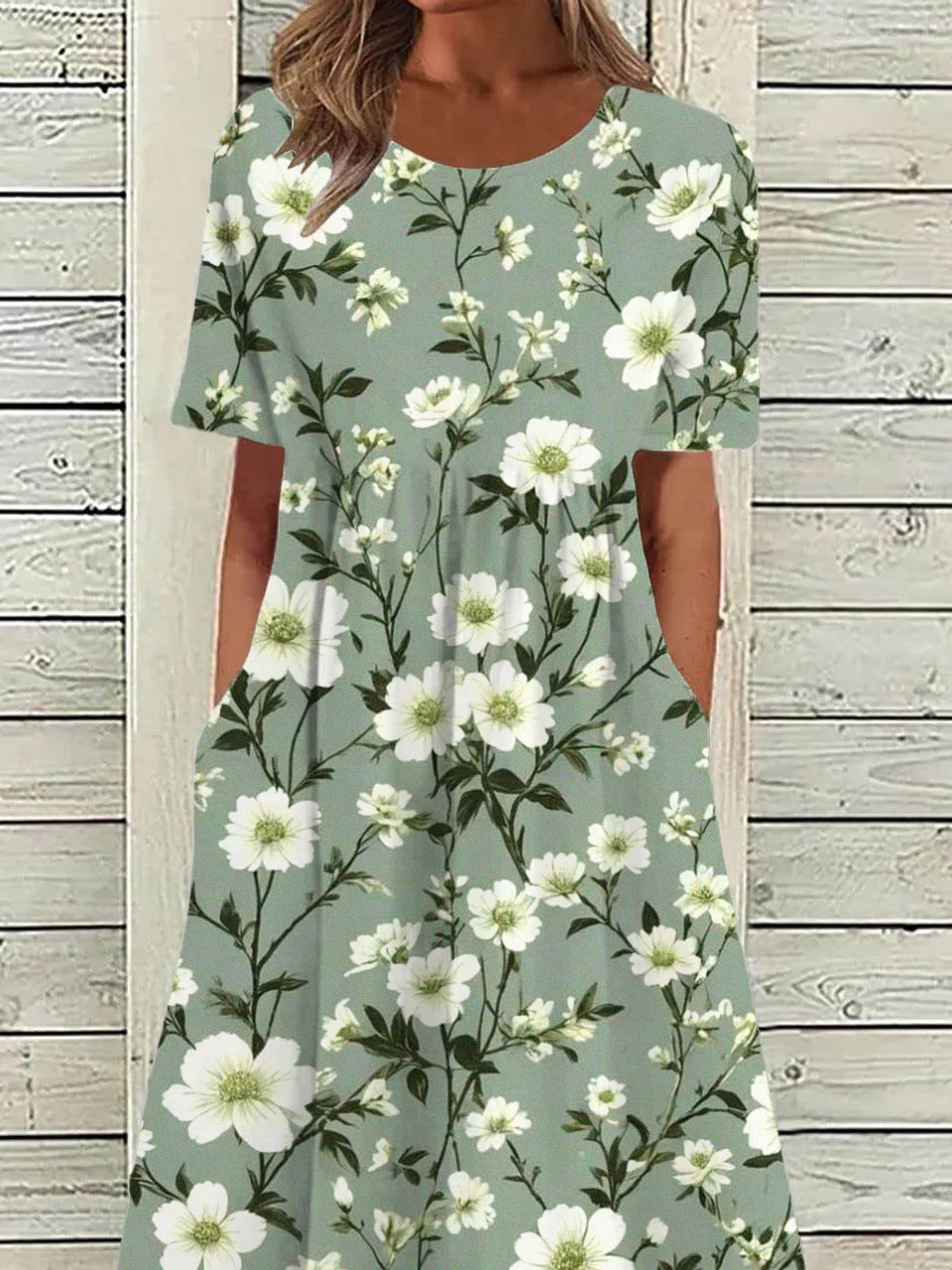 Floral Loose Casual Crew Neck Dress With No