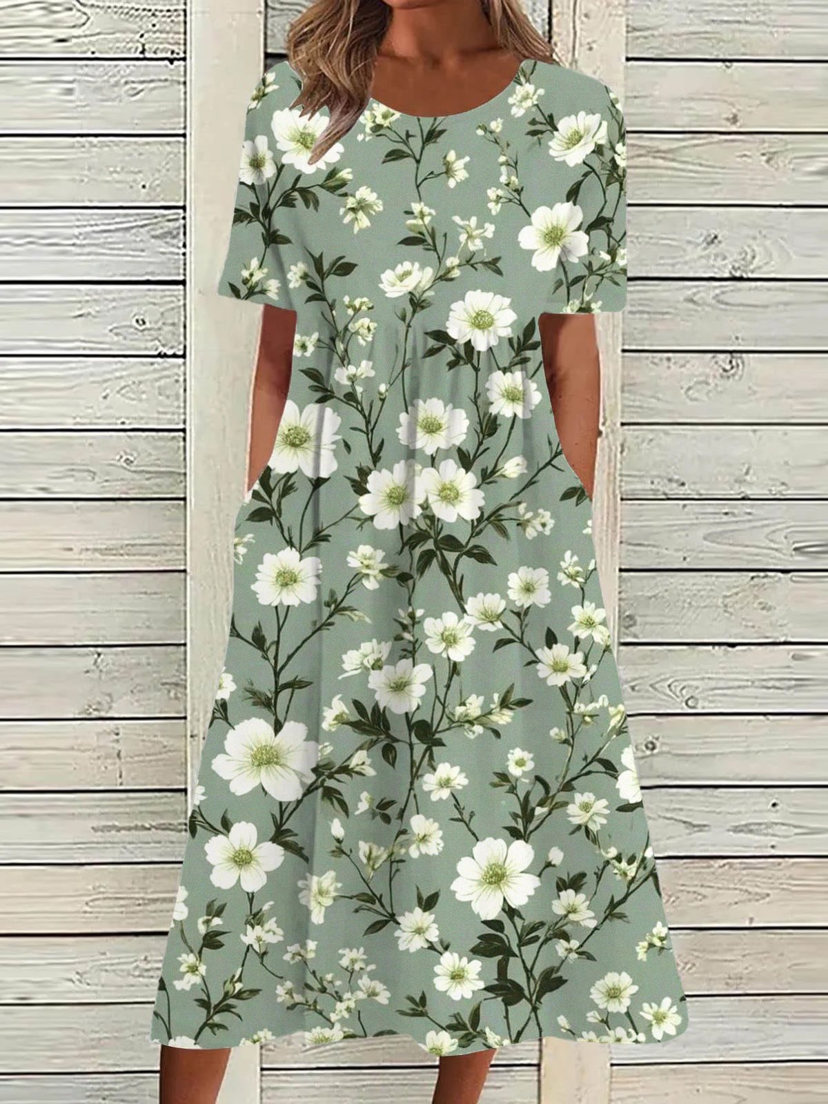 Floral Loose Casual Crew Neck Dress With No