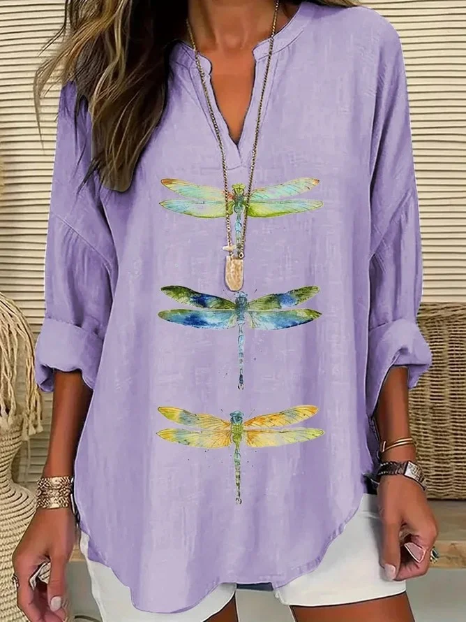 Women's Dragonfly Print Spring V-Neck Casual Shirt