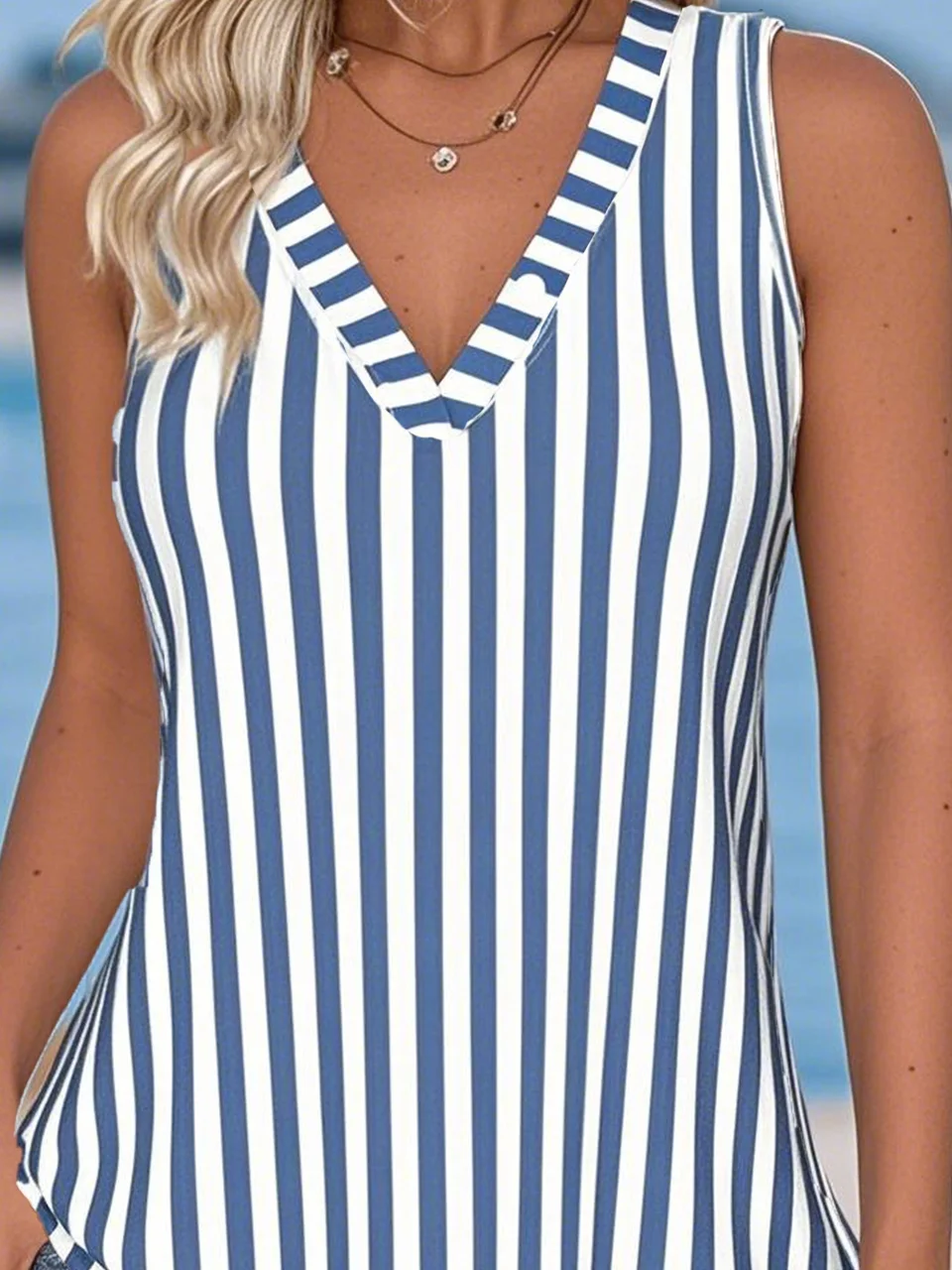 Striped Loose V Neck Casual Tank Top