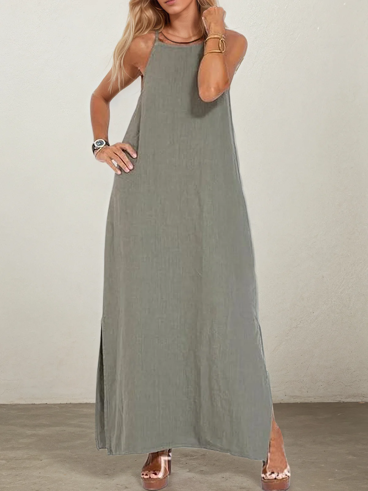 Vacation Plain Pocket Stitching Square Neck linen-cotton Maxi Dress