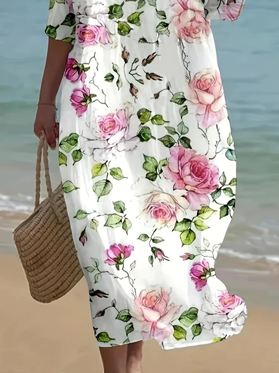 Women's Floral Print Spring Crew Neck Dress