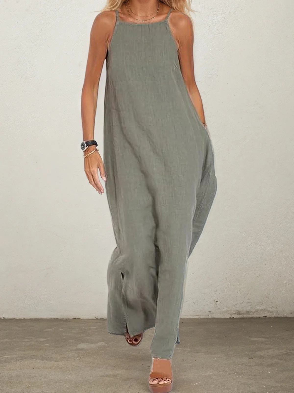 Vacation Plain Pocket Stitching Square Neck linen-cotton Maxi Dress