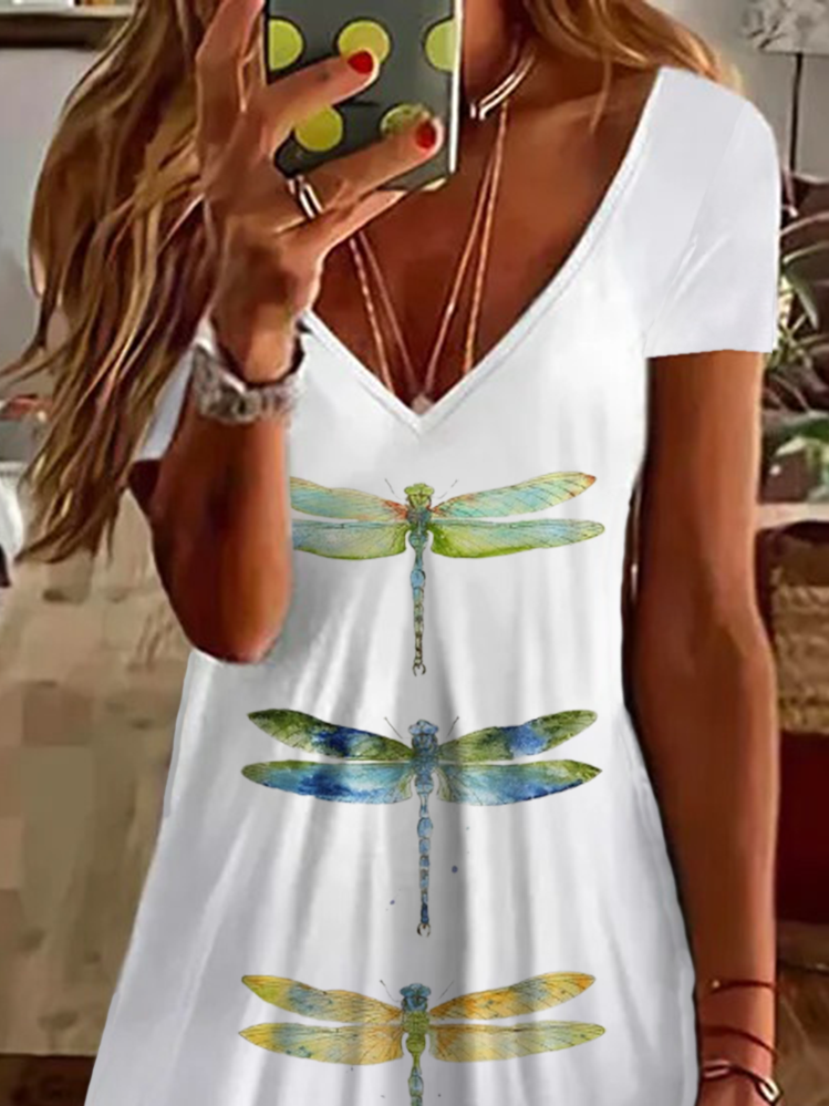 Women's Dragonfly Spring Print Casual V-Neck Short Sleeve Dress