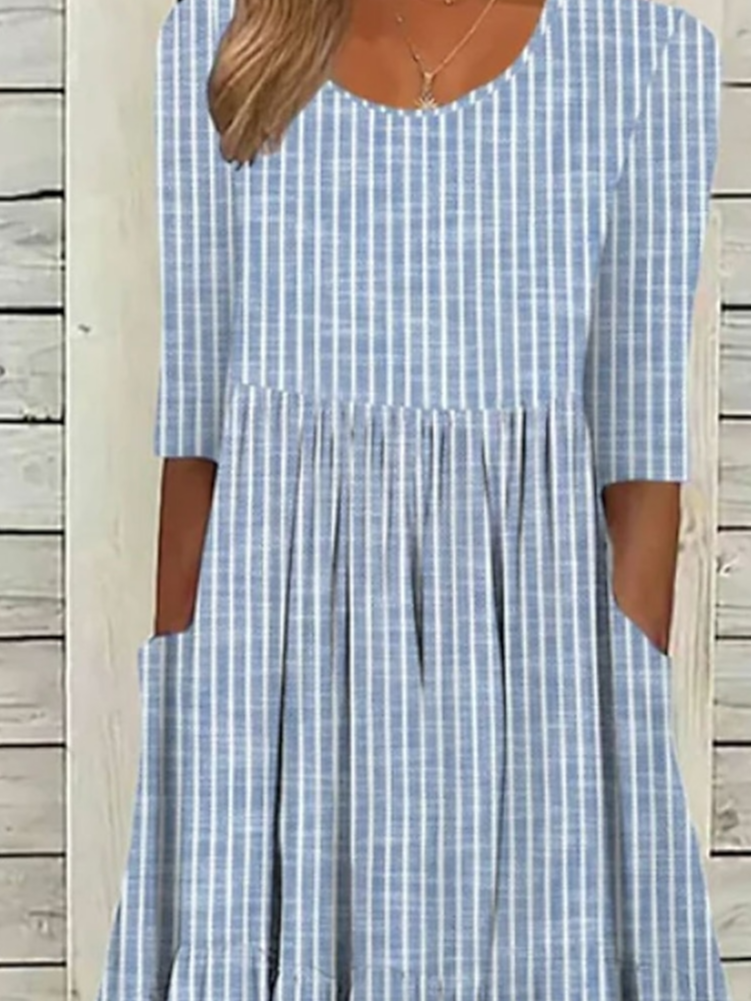 Women's Short Sleeve Summer Blue Striped Printing Crew Neck Daily Going Out Casual Maxi H-Line Shift Dress Dress