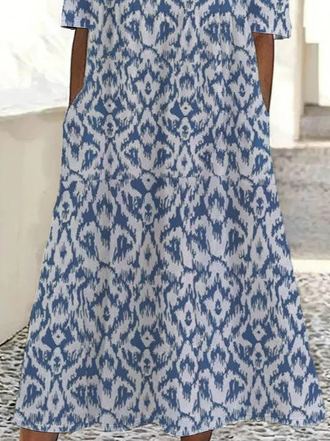 Women's Short Sleeve Summer Blue Floral Printing Crew Neck Daily Going Out Casual Maxi H-Line Shift Dress Dress