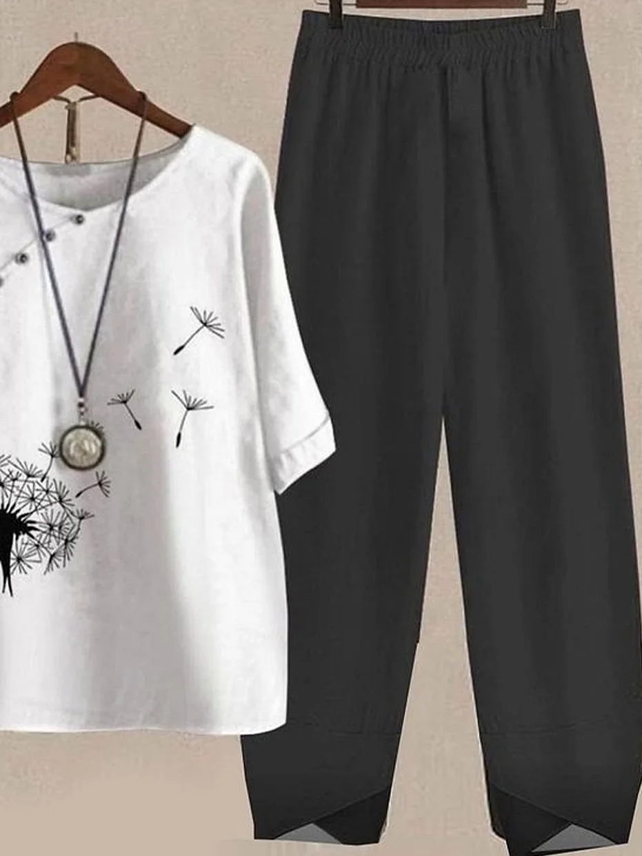 Women's Printing Floral Daily Going Out Two-Piece Set Black-white Casual Summer Top With Pants Matching Set