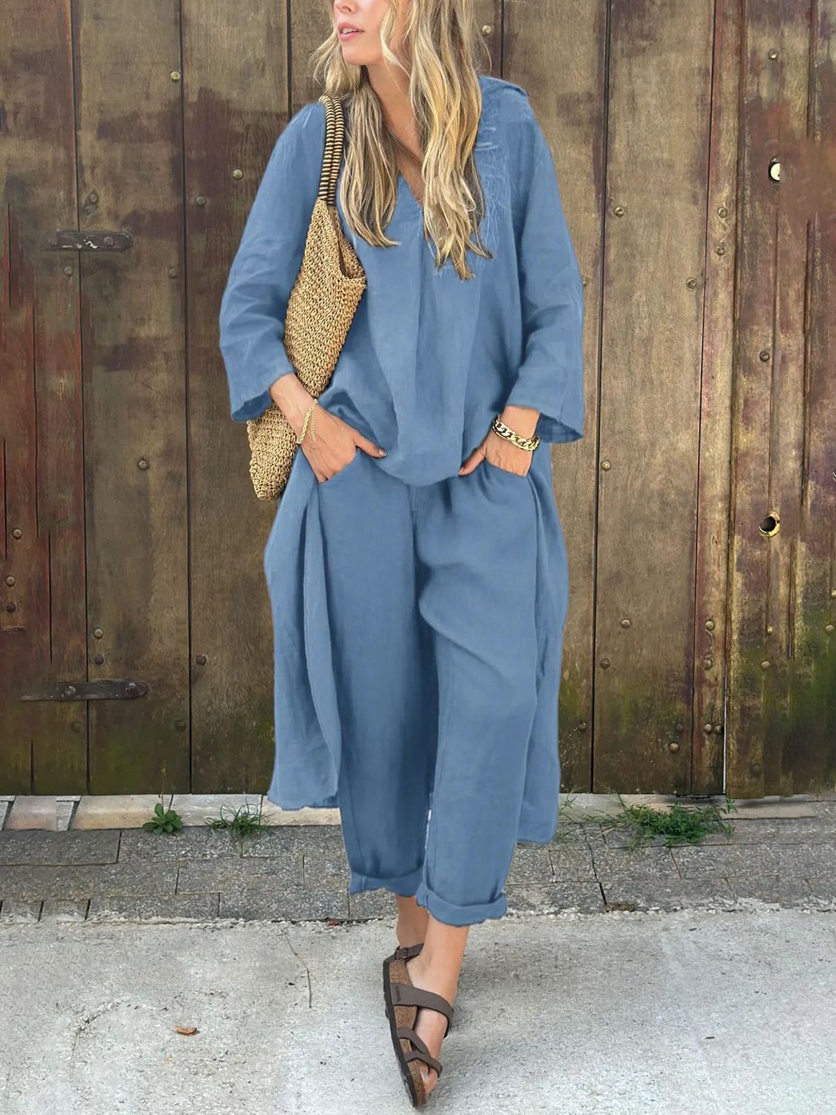 Women Casual Plain Summer V neck Lightweight No Elasticity Daily Pullover Top With Pants Two-Piece Sets