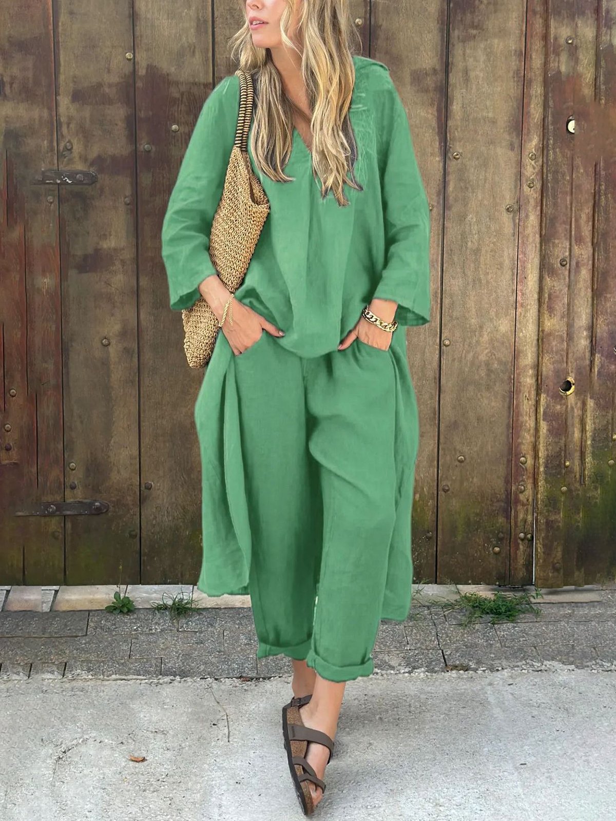 Women Casual Plain Summer V neck Lightweight No Elasticity Daily Pullover Top With Pants Two-Piece Sets