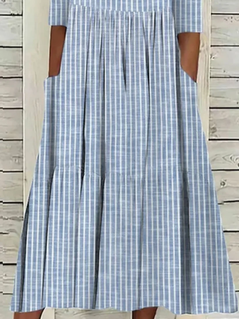 Women's Short Sleeve Summer Blue Striped Printing Crew Neck Daily Going Out Casual Maxi H-Line Shift Dress Dress