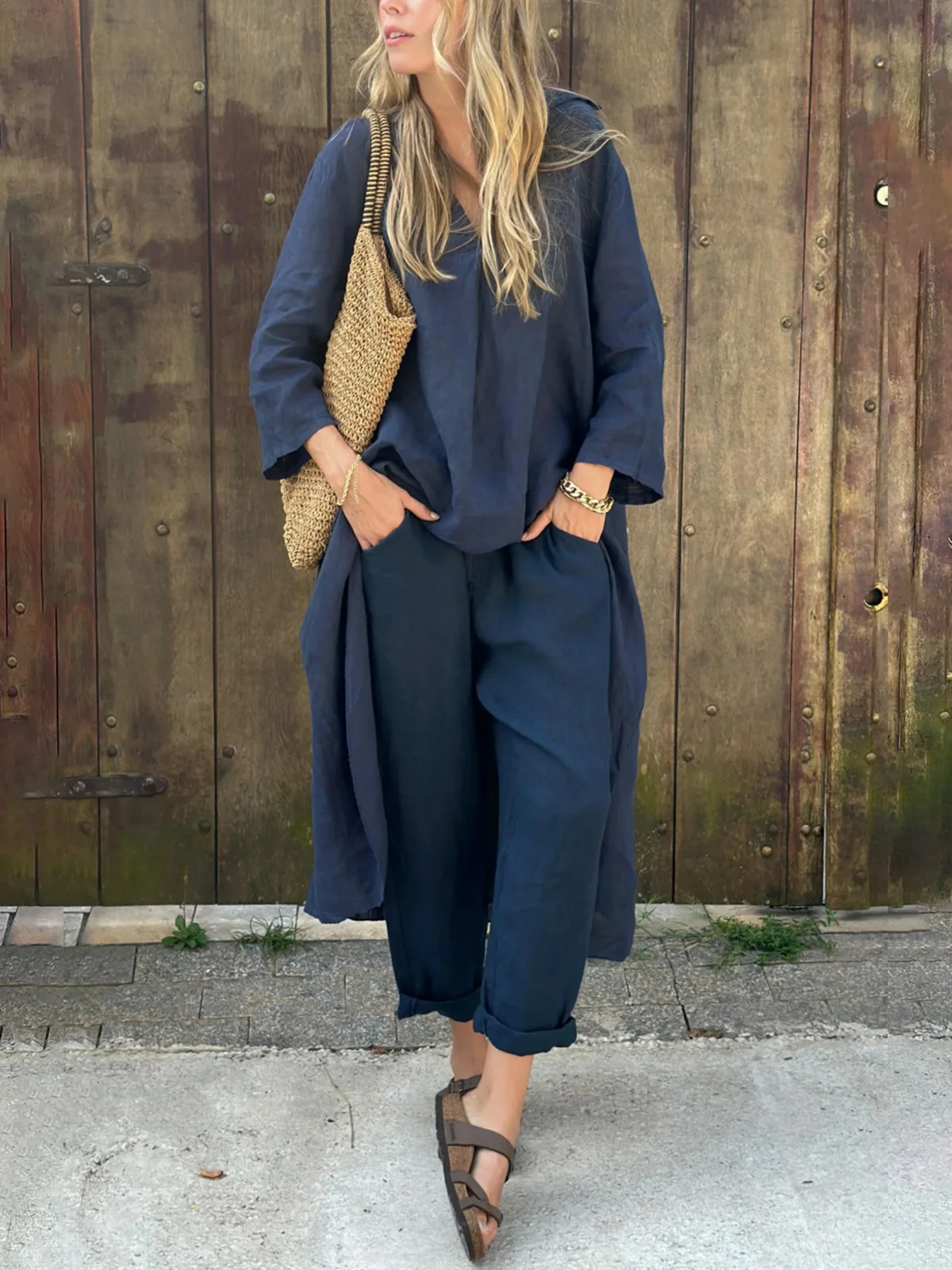 Women Casual Plain Summer V neck Lightweight No Elasticity Daily Pullover Top With Pants Two-Piece Sets